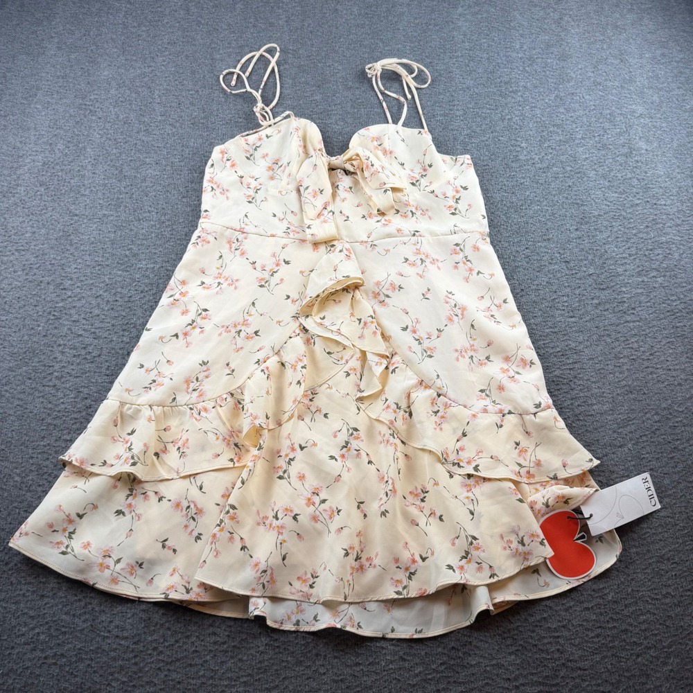 Cider Mini Dress Women's Large‎ Cream Pink Floral Ruffle Tiered Tie Strap